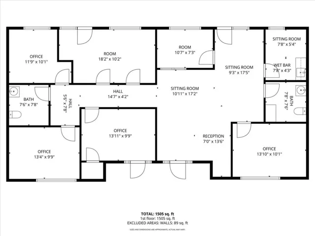 Current Floor Plan - 6 Private Offices, 2 Restrooms, 4 Exterior Entrances.