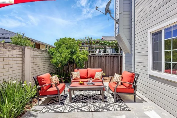 fenced backyard with an outdoor living space and a patio area