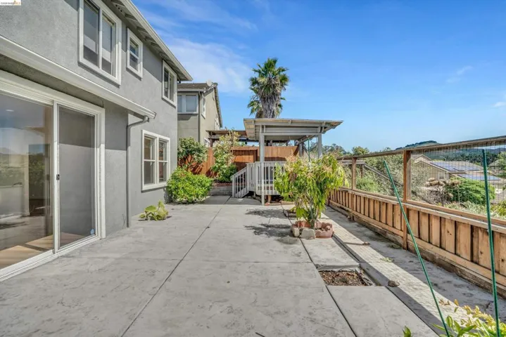 Fenced backyard with a patio area