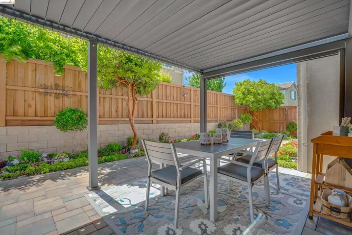 Fenced backyard featuring outdoor dining area and a patio area