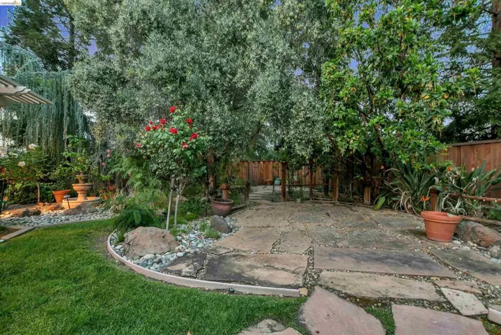 Fenced backyard with a patio