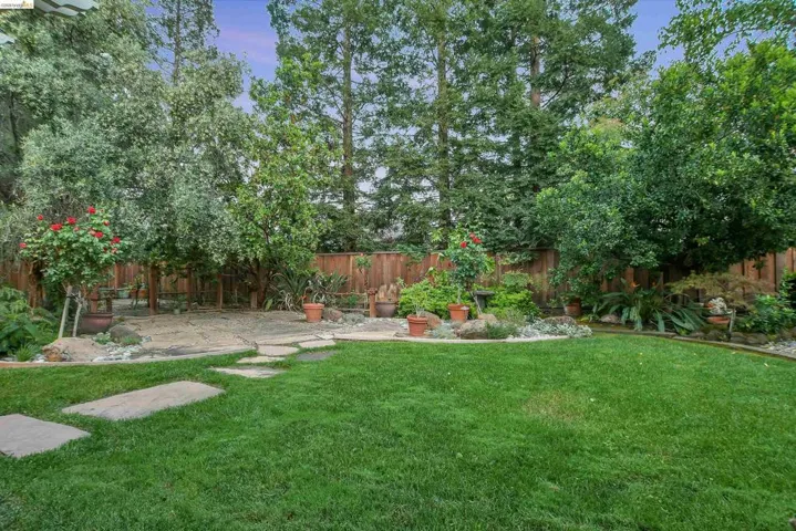 Fenced backyard with a patio area