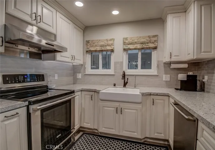 Kitchen. Note stainless steel dishwasher and range/cooktop, and fan vented to outside for for "high heat" cooking