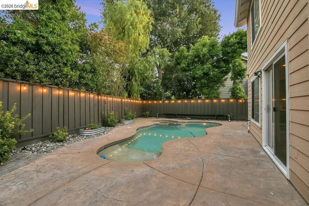 Backyard oasis featuring a curvilinear pool with integrated lighting, stamped concrete patio, and a privacy fence adorned with string lights