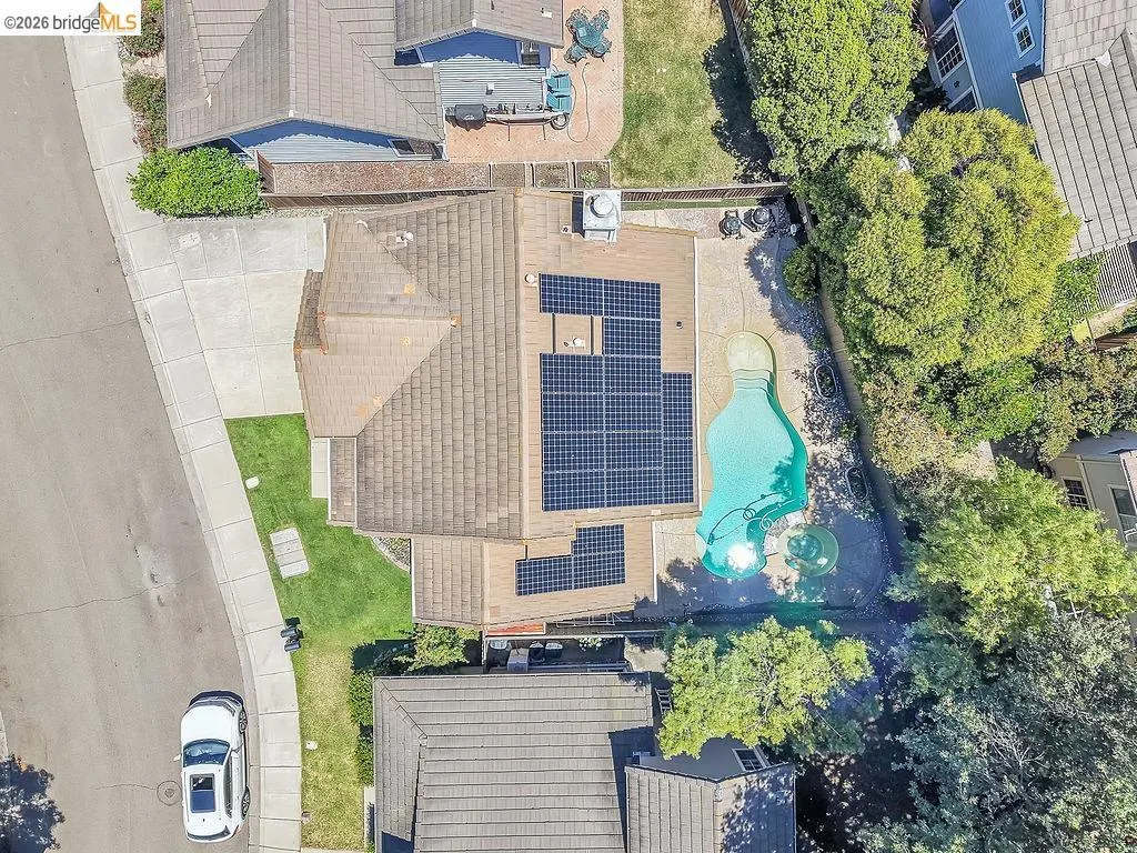 Resort-style backyard featuring a kidney-shaped pool with integrated spa and surrounding patio