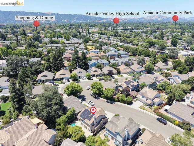 Aerial perspective showcasing a residential neighborhood with varied architectural styles and abundant mature trees