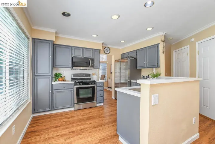 Kitchen featuring gray cabinetry, stainless steel appliances, wood-finish flooring, recessed lighting, and a window with horizontal blinds