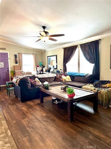 Living Room with fan and crown molding