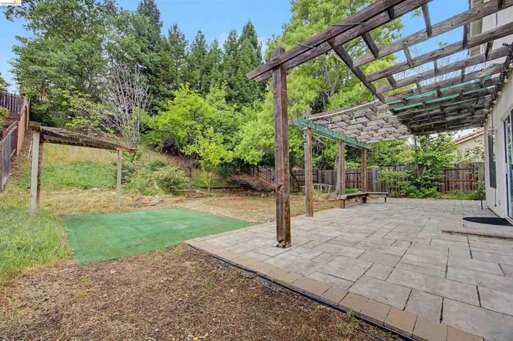 Fenced backyard with a patio and a pergola
