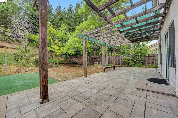 Fenced backyard with a pergola and a patio area