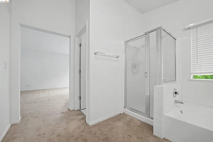 Bathroom with light colored carpet, a garden tub, and a shower stall