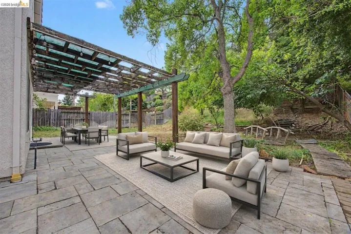 Fenced backyard with a pergola, a patio, and outdoor lounge area