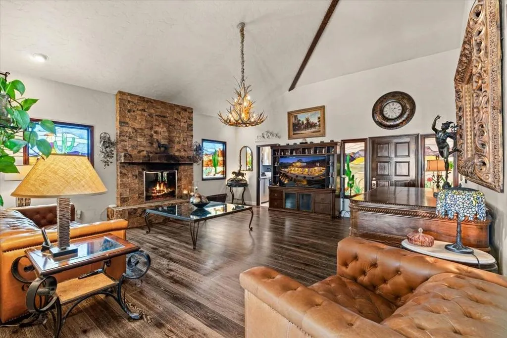 Stone Fireplace, Beam Ceiling