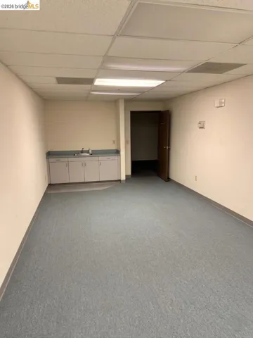 spare room featuring a paneled ceiling and light carpet