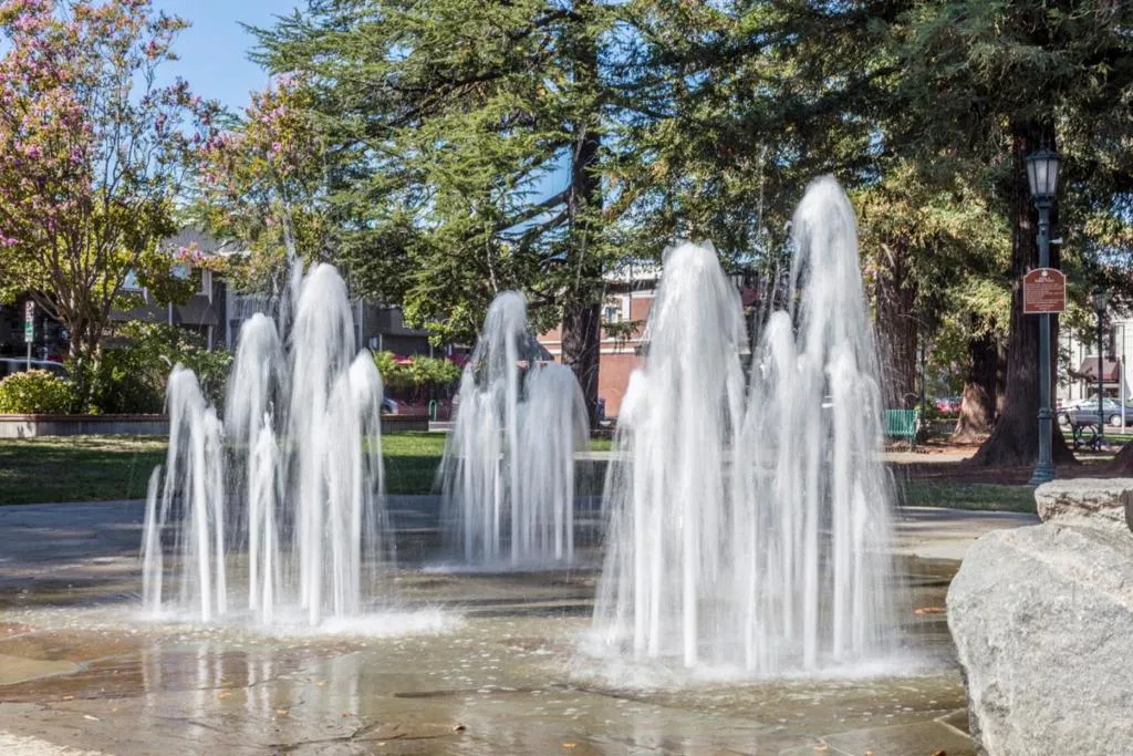 Water features at the downtown Los Gatos Plaza.