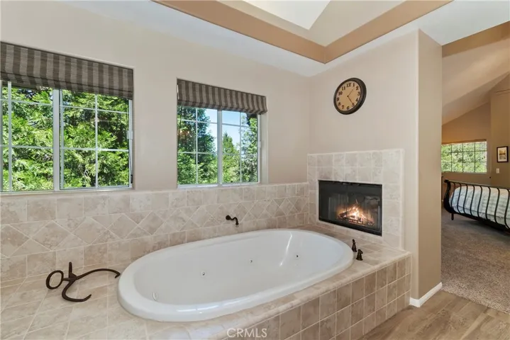 Gas fireplace shared with bath and bedroom.