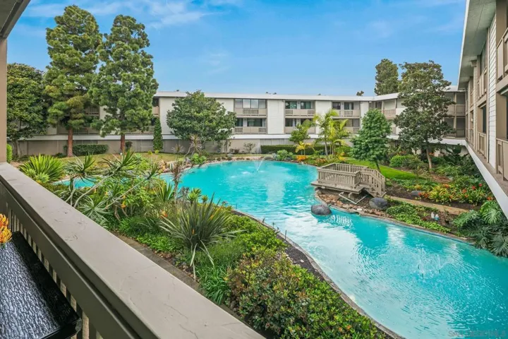 View from balcony overlooking the community pond and fountain