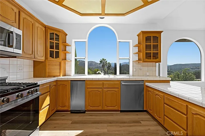 Kitchen view toward the sink were the new GE trash compactor and dishwasher are located. Much cabinet storage is available!