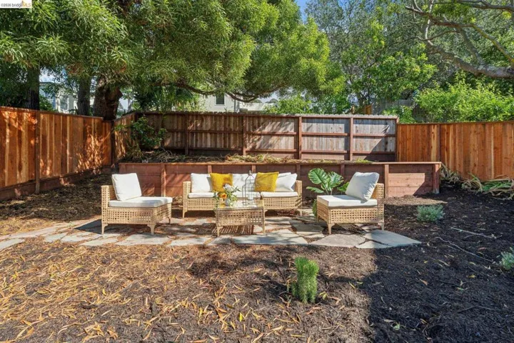 Fenced backyard with a patio and outdoor lounge area