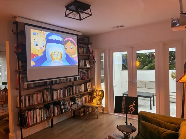 Overhead projector and screen in family room