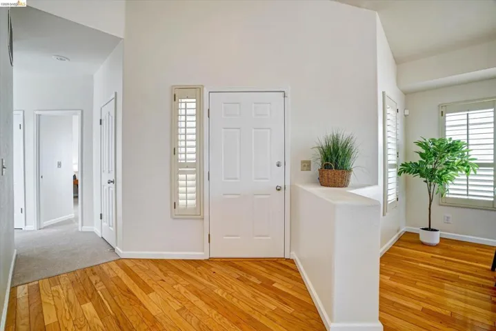 Foyer featuring wood-finish flooring, white panel doors, and white shuttered windows