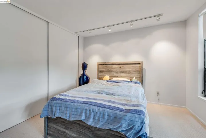 Bedroom with track lighting and carpet