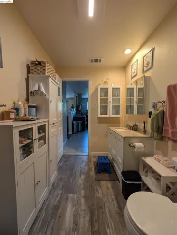 Bathroom featuring vanity and dark wood-style flooring