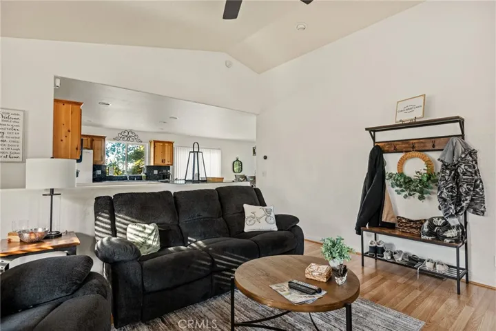Main floor living room with tall ceilings.
