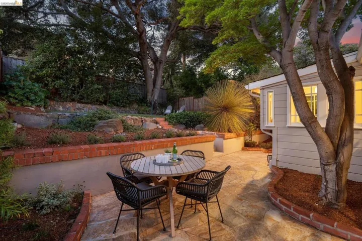 Fenced backyard with outdoor dining area and a patio