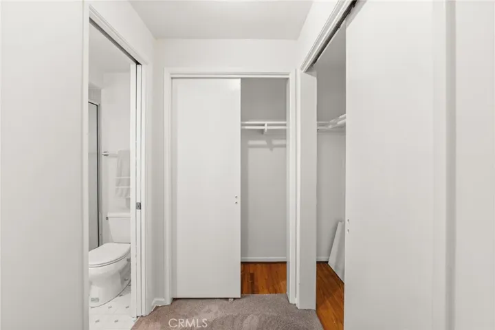 Closet area with pocket door separating it from the primary bathroom.