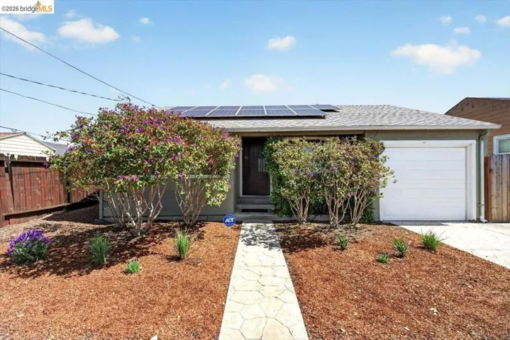 View of front of property featuring roof mounted solar panels, a garage, roof with shingles, and driveway