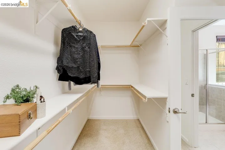Walk in closet with light carpet