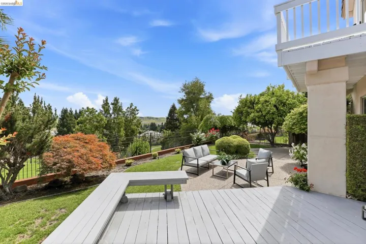 Wooden deck with a fenced backyard, a patio, and an outdoor living space