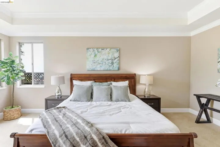 Bedroom featuring light colored carpet, crown molding, and a raised ceiling