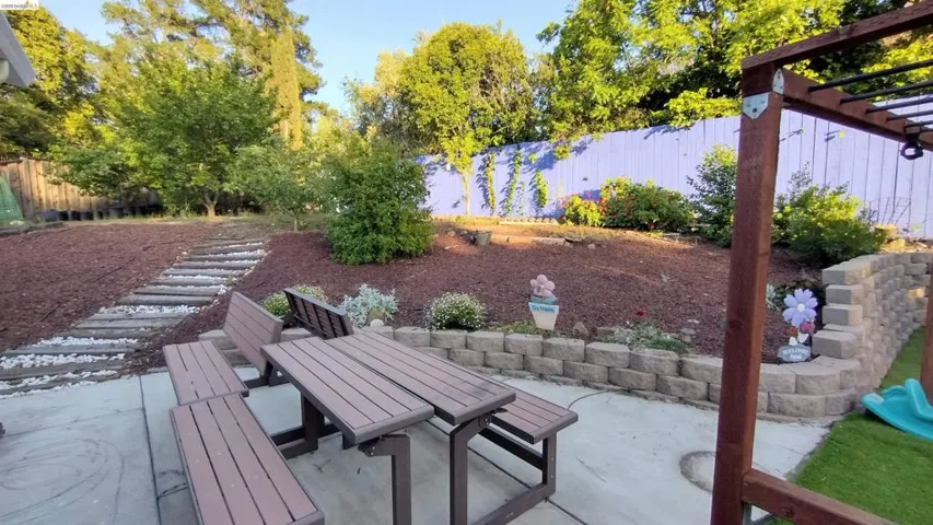 Fenced backyard with outdoor dining space, a pergola, and a patio