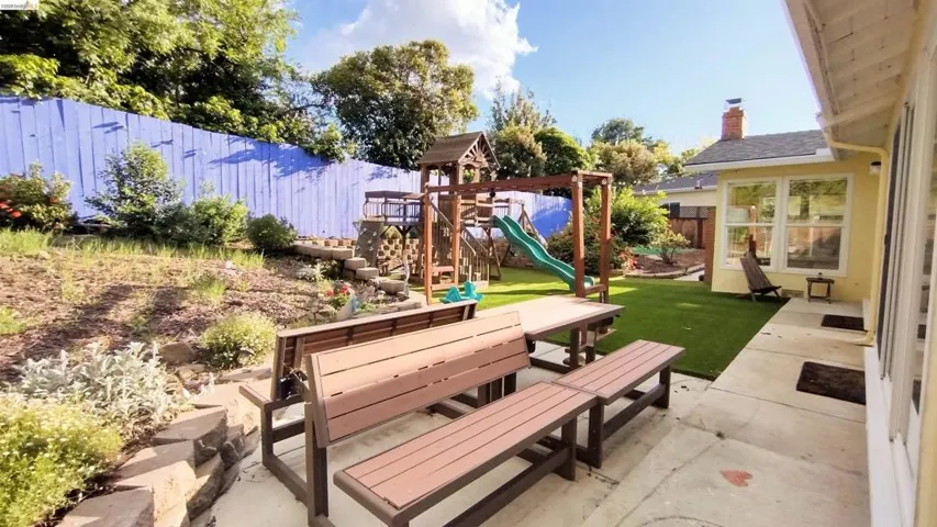 Fenced backyard with a patio area and a playground