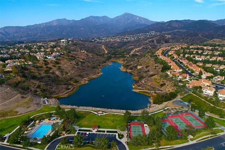 Aerial of Pool, Tennis Courts, and Reservoir