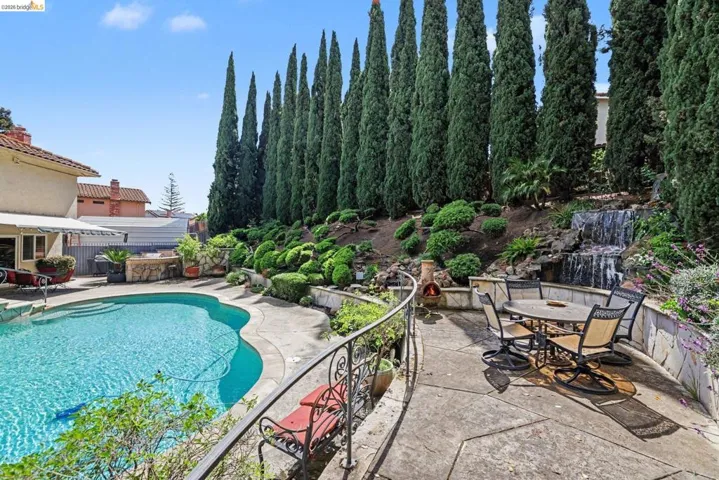 View of pool featuring outdoor dining space, patio surround, and a fenced backyard