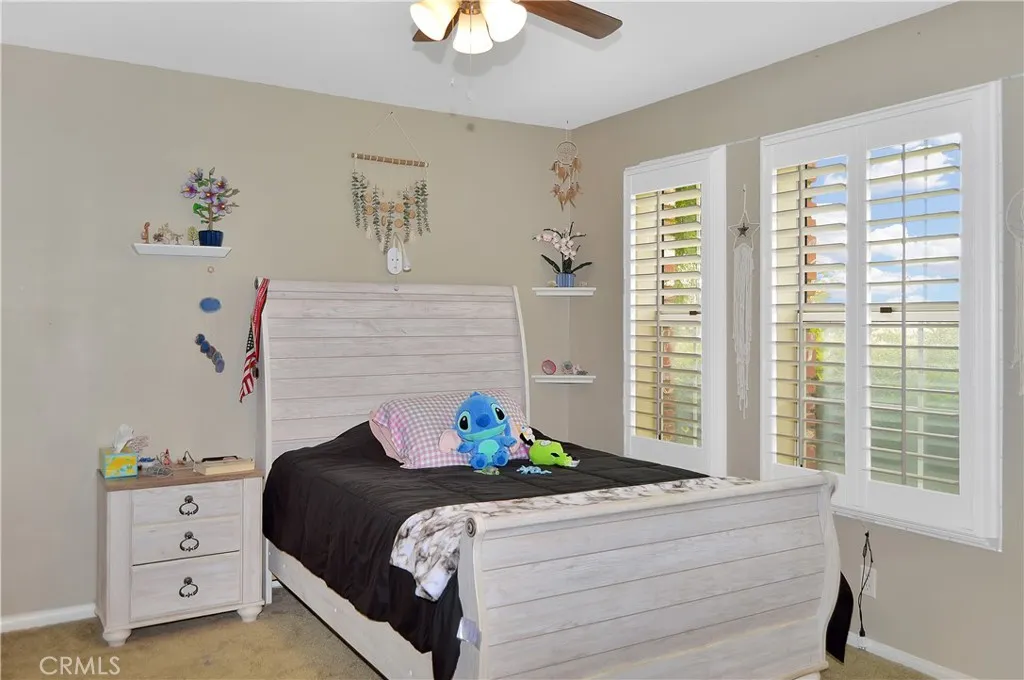 The 3rd bedroom features louvered shutters, ceiling fan, barn door to the "Jack and Jill" bath, and a closet organizer. in the deep closet.