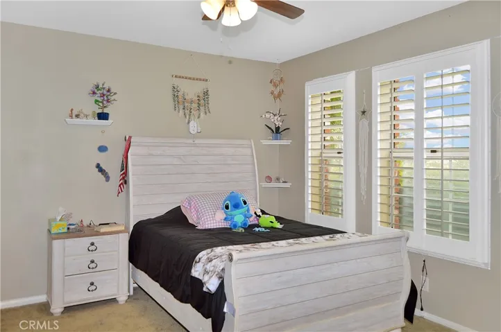 The 3rd bedroom features louvered shutters, ceiling fan, barn door to the "Jack and Jill" bath, and a closet organizer. in the deep closet.