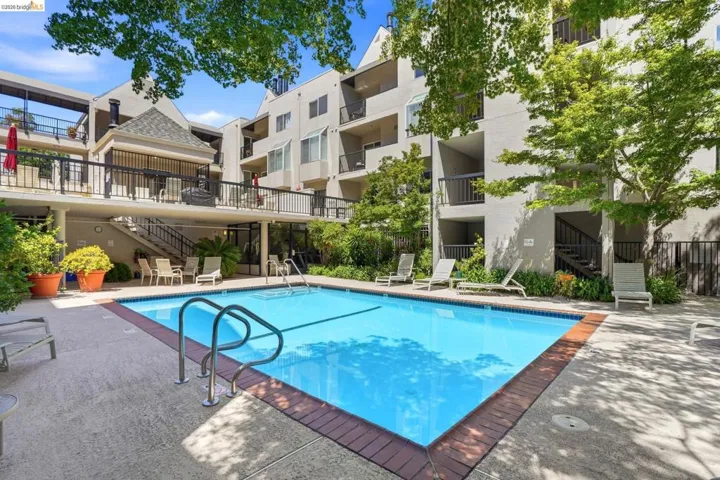 Rectangular swimming pool with a concrete surround and brick coping