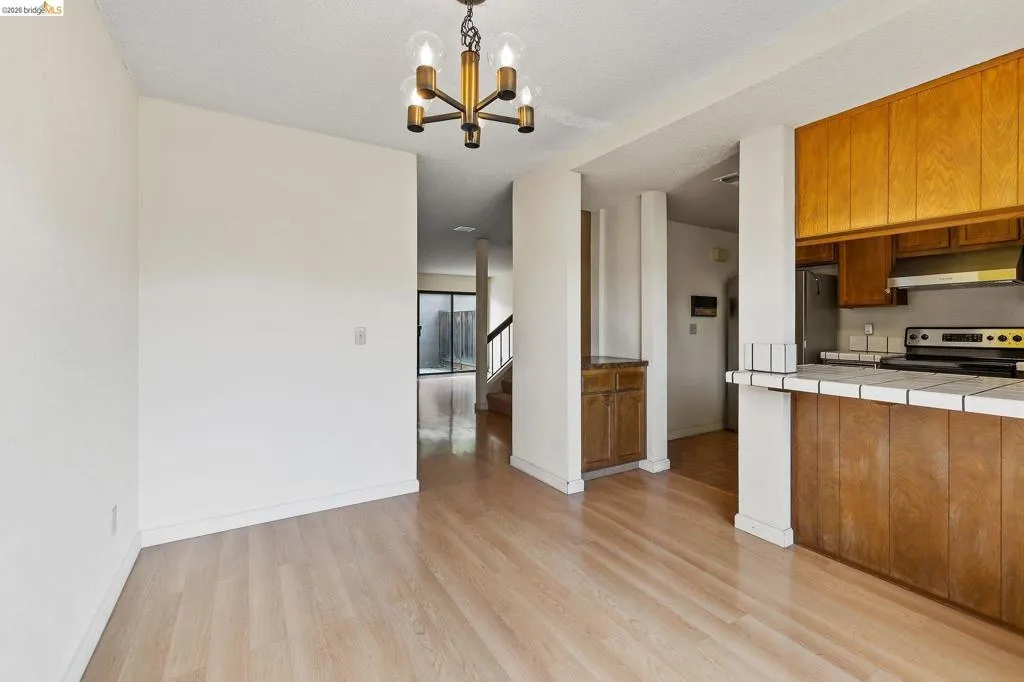 Kitchen with wood finish cabinetry, tile countertops, stainless steel appliances, light wood finished floors, and suspended lighting
