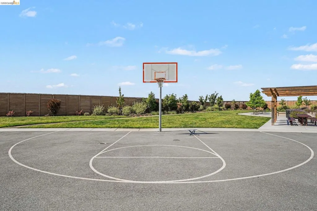 Outdoor recreational area featuring an asphalt basketball half-court with painted lines, a basketball hoop, and surrounding green space