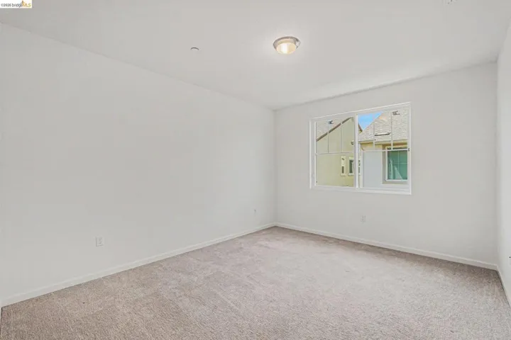Carpeted room with a single window and flush mount ceiling light