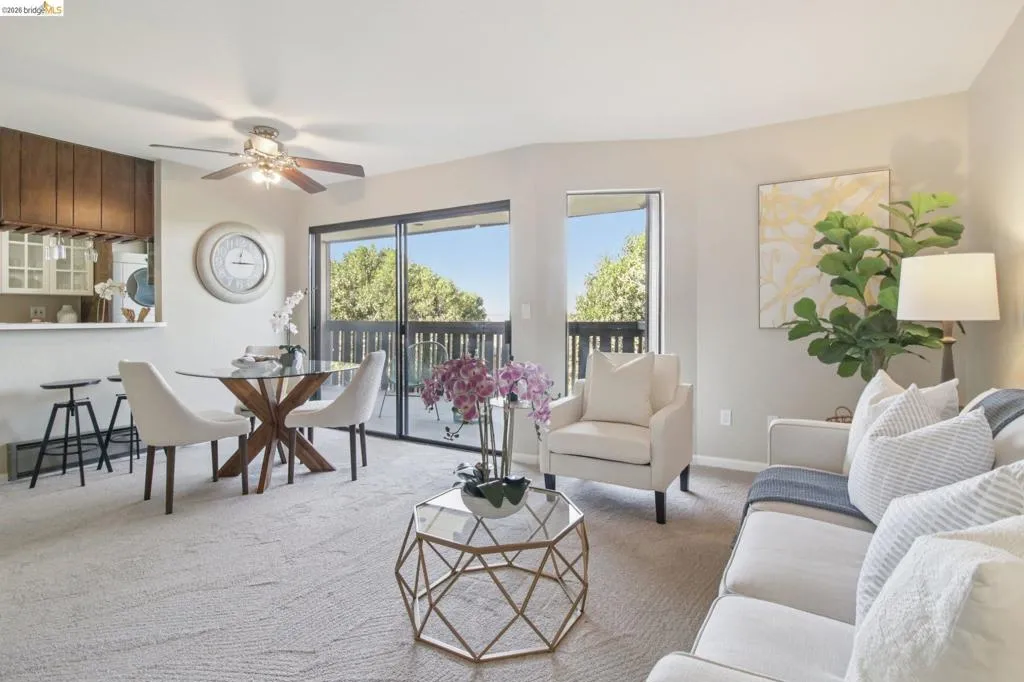 Living area featuring light colored carpet, ceiling fan, and a baseboard radiator