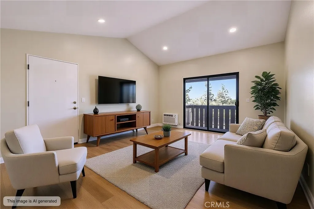 This virtually staged photo shows the living room is large and versatile.