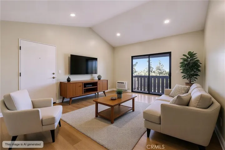 This virtually staged photo shows the living room is large and versatile.