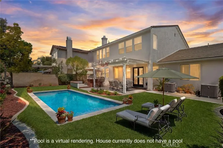 Pool is a digital rendering/virtual staging. It does not currently exist on the property