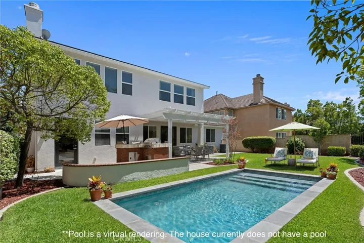 Pool is a digital rendering/virtual staging. It does not currently exist on the property
