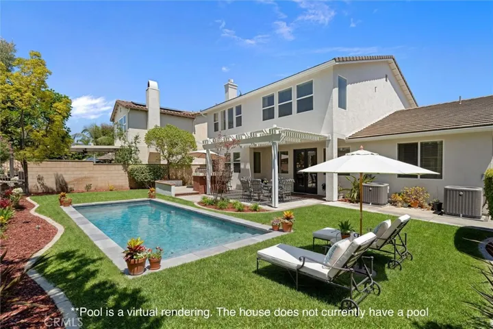 Pool is a digital rendering/virtual staging. It does not currently exist on the property